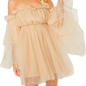 Romwe Off Shoulder Long Sleeve Ruffle Mesh Party Mini Dress